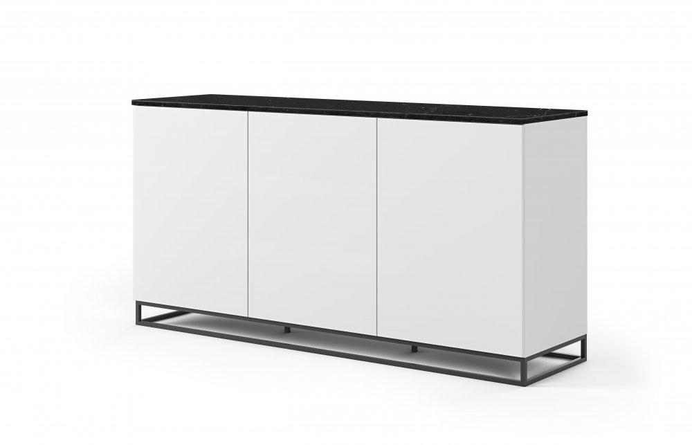 Buffet WHITY blanc mat 180cm 3 portes Plateau en Marbre noir avec piètement noir